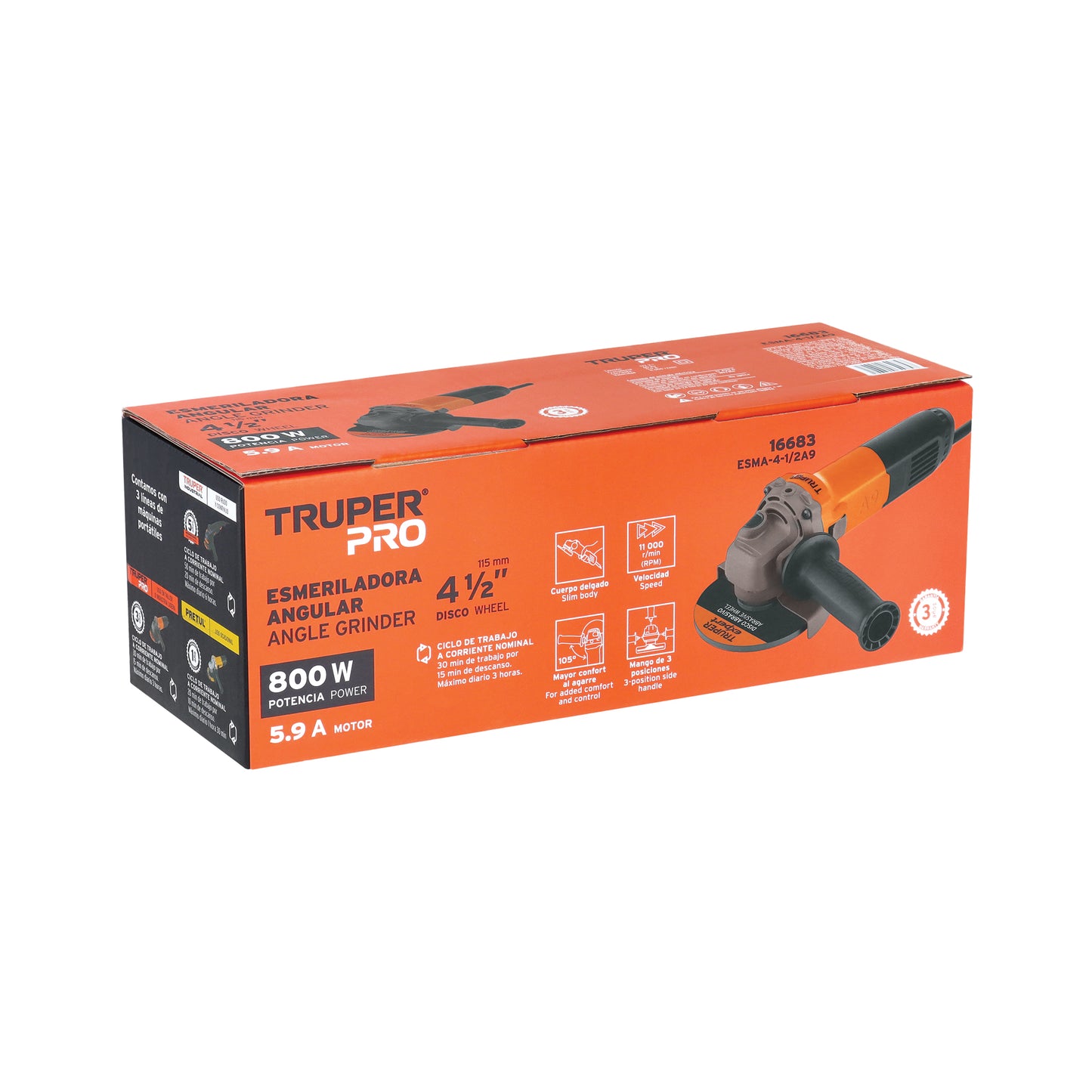 Esmeriladora 4 1/2 pulg, 800 W truper pro