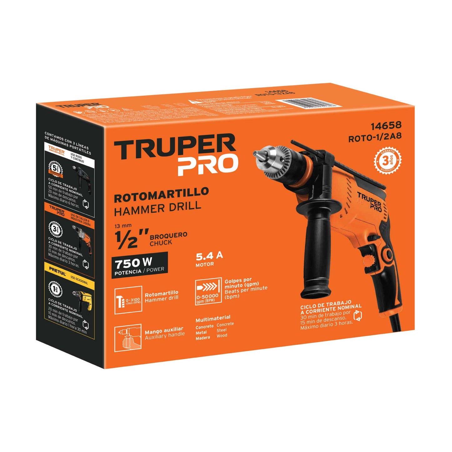 Rotomartillo 750 W, 1/2 pulg truper pro