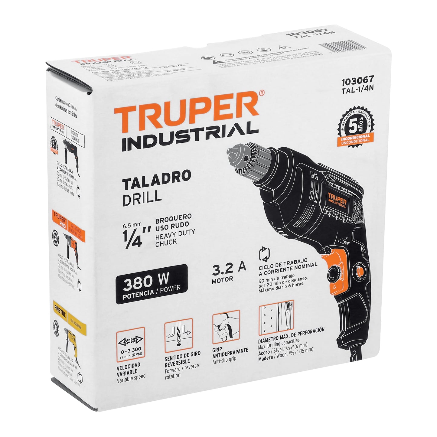 Taladro 380 W, 1/4 pulg truper industrial