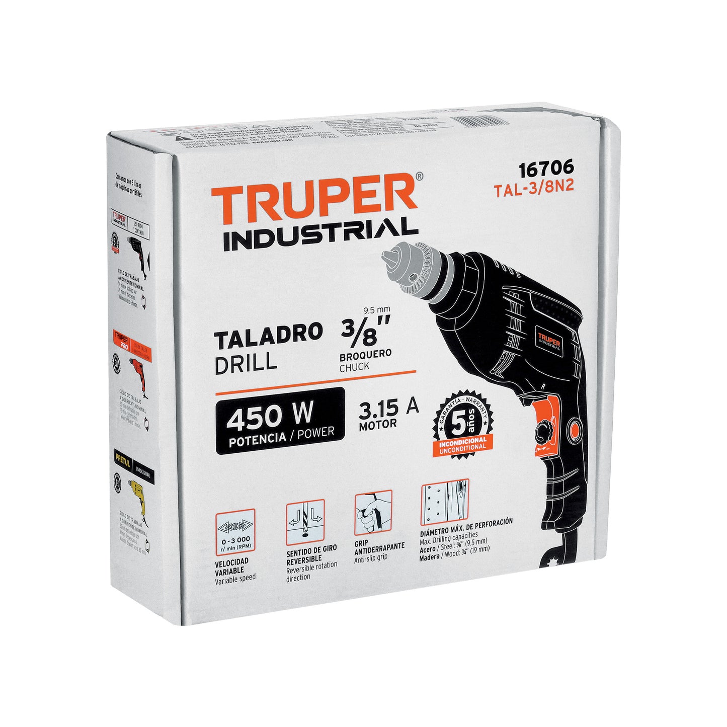 Taladro 450 W, 3/8 pulg truper industrial
