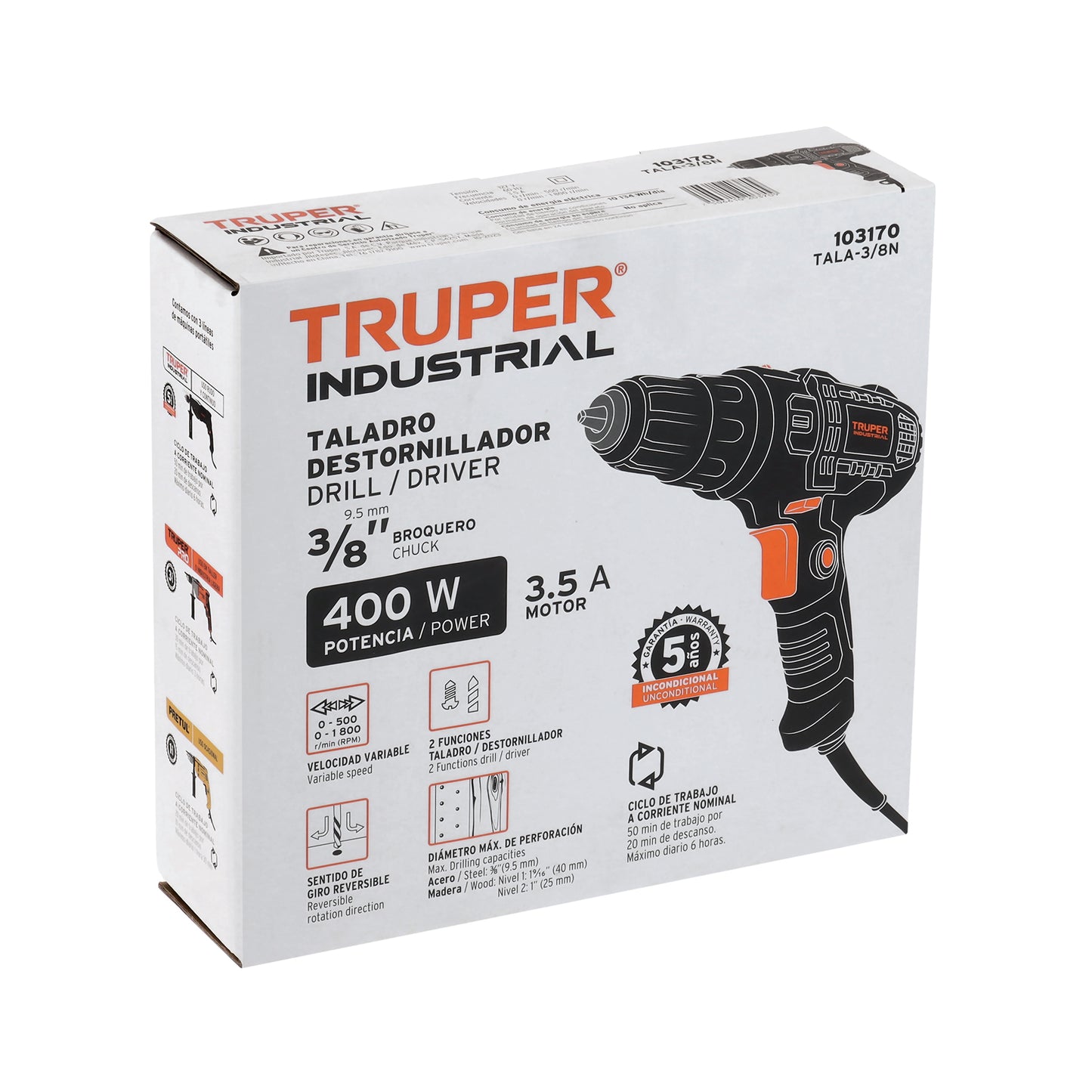 Taladro 400 W, 3/8 pulg truper industrial
