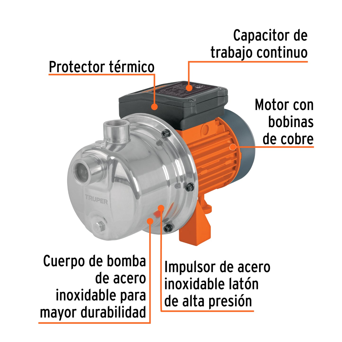 Bomba tipo jet, cabezal de acero inoxidable, 1/2 HP, TRUPER