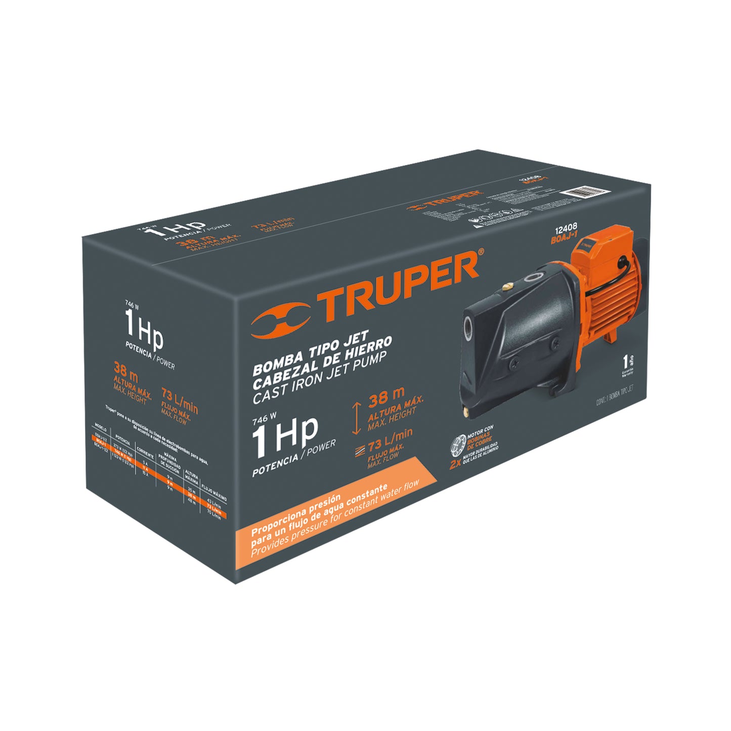 Bomba tipo jet, cabezal de hierro, 1 HP, TRUPER