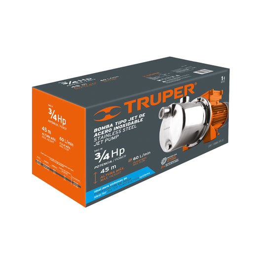 Bomba tipo jet, cabezal de acero inoxidable, 3/4 HP, TRUPER