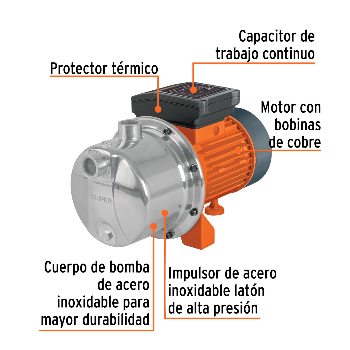 Bomba tipo jet, cabezal de acero inoxidable, 3/4 HP, TRUPER