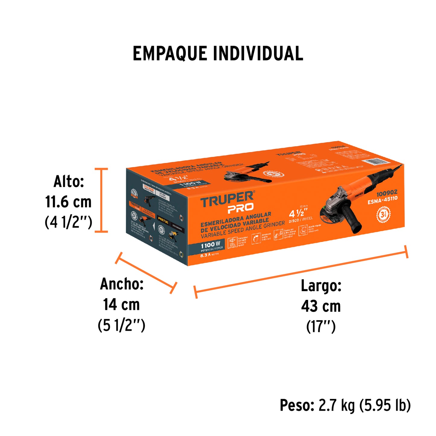 Esmeriladora 4 1/2 pulg, 1,100 W truper pro