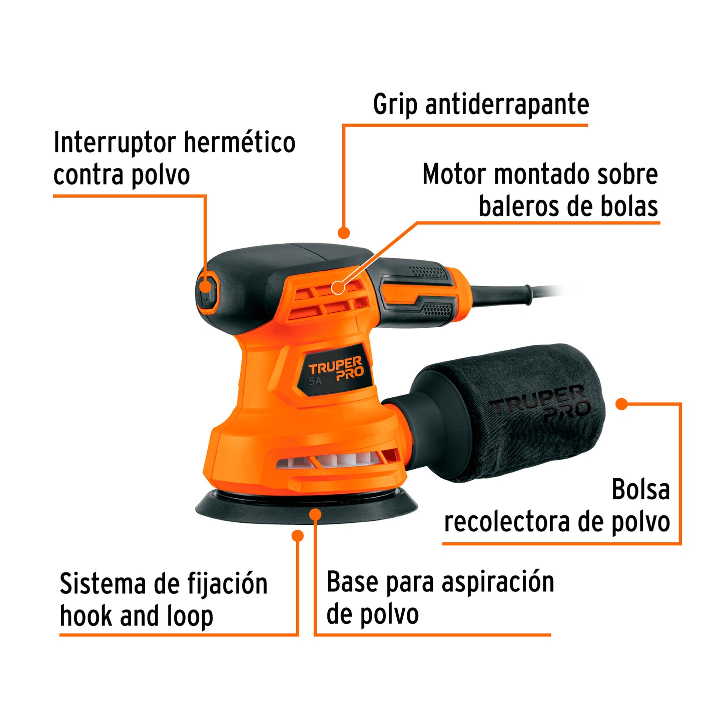 Lijadora roto-orbital 5 pulg, 260 W truper pro