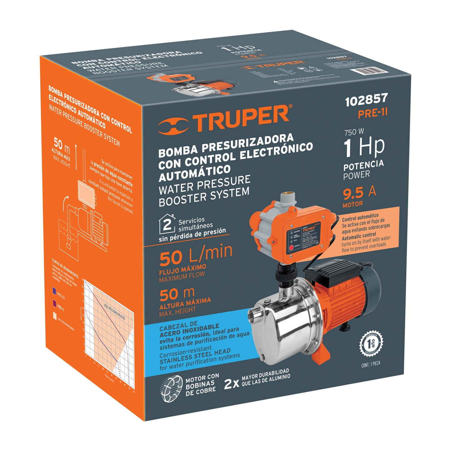 Bomba presurizadora jet acero 1 HP con control, TRUPER