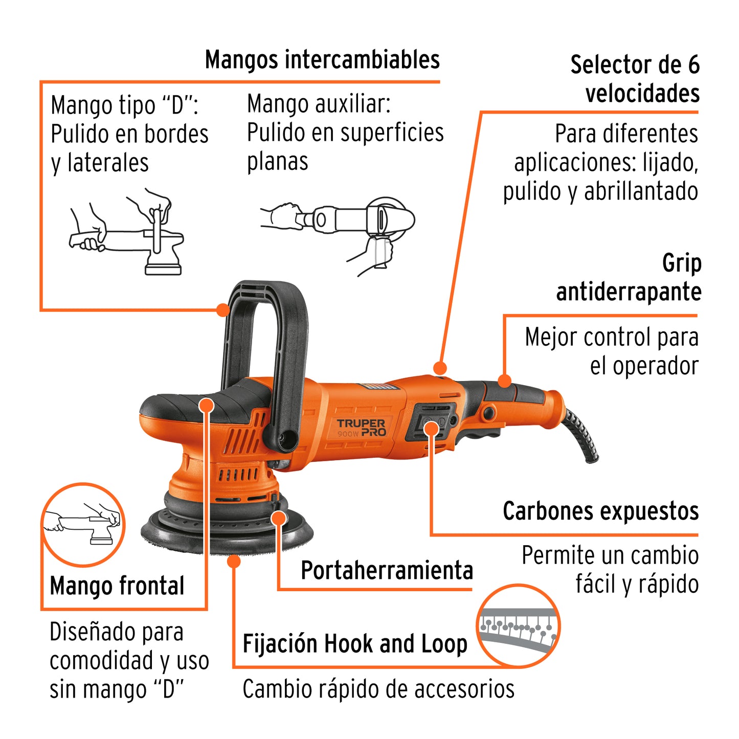 Pulidora de doble acción 6 pulg, 900 W