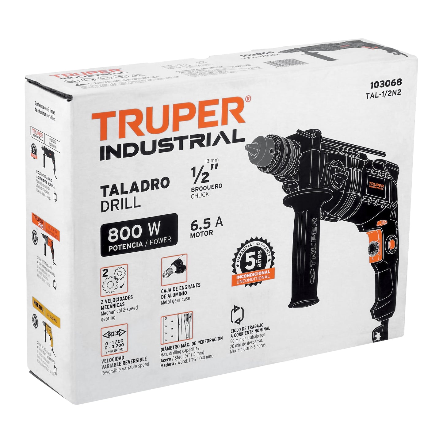 Taladro 800 W, 1/2 pulg truper industrial