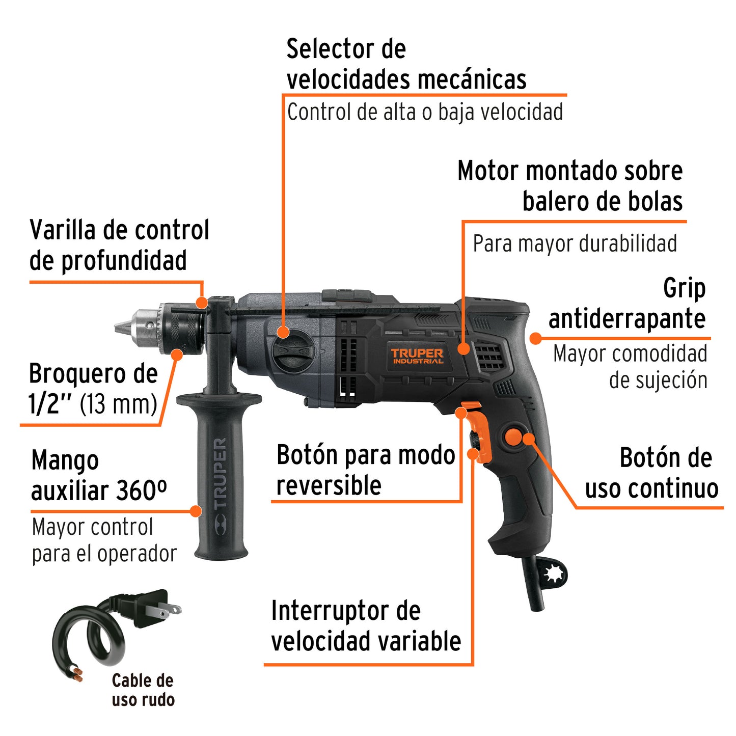Taladro 800 W, 1/2 pulg truper industrial