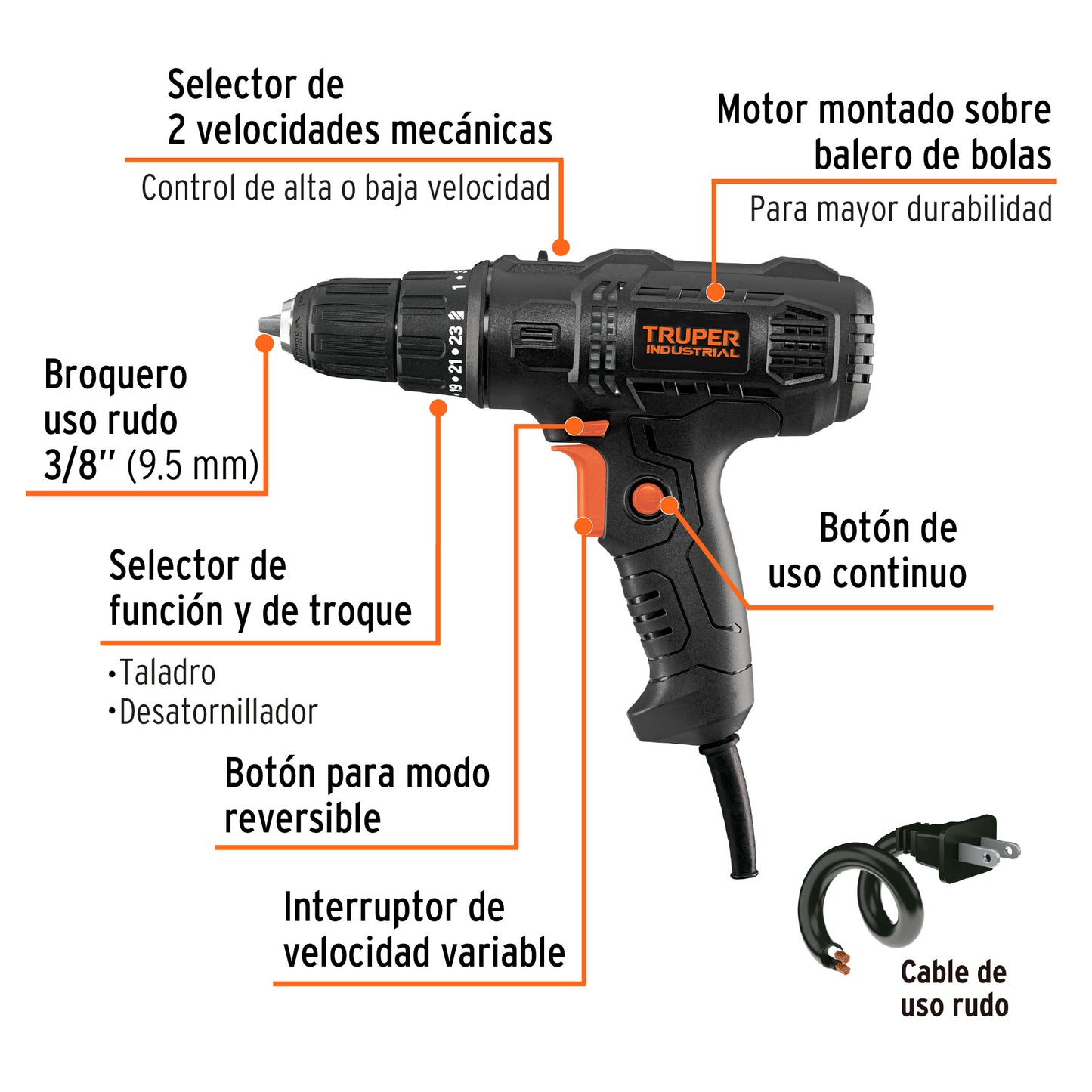 Taladro 400 W, 3/8 pulg truper industrial